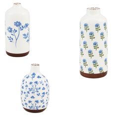 three vases with blue flowers painted on them