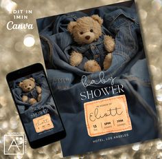 a teddy bear in a jean jacket is on the cover of a book called baby shower