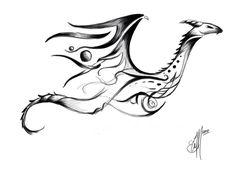 a black and white drawing of a dragon