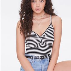 Mocked Button Front Striped Cami Tank Size Large Soft W Stretch Never Worn Not A Long Length But Not Cropped Black And White Striped Cinch Front Accent Striped Tank Top, Date Outfits, Cami Tanks, Forever 21 Tops, Long Length, White Stripe, Forever 21, Womens Tops, Black White