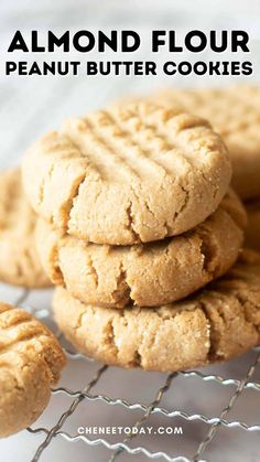 almond floured peanut butter cookies stacked on top of each other with text overlay