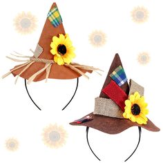 two brown hats with sunflowers on them