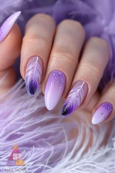 Embrace elegance with these almond-shaped purple nails acrylic, featuring a mesmerizing feather design in shades of purple and black. Ideal for those searching for unique purple nails ideas, these will make a statement. Visit nailhow.com for more creative purple nail designs. Matte Purple Gel Nails, Nail Ideas One Finger Design, Fun Nail Designs Purple, Almond Shape Nail Art Designs, Almond Style Nail Designs, Nails With Feathers, Nail Purple Design, Almond Nails Designs Purple, Unique Nail Ideas Creative