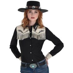 Add a little sass to your stroll through the saloon in this western cowgirl shirt for adults! This slim-fit shirt is in a black stretch fabric for a tailored look. The front has two off-white panels below the collar that have black embroidery-look printed details and matching fringe. To complete the authentic styling the shirt closes with pearl-look snaps. pbBlack Western Fringe Cowgirl Shirt product details:-b-p ul liSlim-fit cut with stretch-li liPrinted embroidery-look details-li liAttached fringe on chest-li liFaux pearl front snaps-li li100% polyester exclusive of decoration-li liDoes not include hat belt pants or boots-li liReview size chart for sizing information-li -ul pbCare Instructions:-b-p ul liHand wash cold with like colors-li liLine dry-li liDo not bleach or iron-li -ul Black Long Sleeve Western Shirt, Fitted Country Style Tops For Country Events, Western Style Black Long Sleeve Tops, Black Long Sleeve Top For Rodeo, Fitted Western Style Blouse For Fall, Fitted Western Shirt For Western-themed Events, Fitted Western Blouse For Fall, Western Long Sleeve Blouse For Rodeo, Western Style Tops For Country Concerts