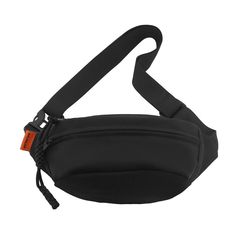 a black fanny bag with an orange tag hanging from the front, on a white background