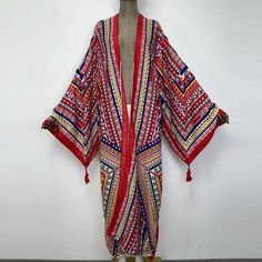 Pyramid Kimono - Lashawn Janae Fitted Red Kimono For Spring, Fitted Red Summer Kimono, Red Long One Size Kimono, Red One Size Long Kimono, Red Long One-size Kimono, Fitted Red Bohemian Kimono, Elegant Long Multicolor Kimono, Fitted Long Printed Kimono, Elegant Red Kimono For Spring