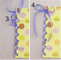 the instructions for how to make a paper bookmark with colored ribbon and buttons on it