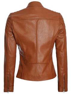 Classic Fitted Leather Jacket With Zipper, Classic Fitted Leather Jacket With Zipper Closure, Sleek Fitted Brown Outerwear, Fitted Leather Moto Outerwear, Fitted Moto Leather Jacket With Zipper Closure, Classic Fitted Leather Biker Jacket, Fitted Leather Jacket With Zipper For Biker Events, Luxury Fitted Brown Biker Jacket, Chic Leather Outerwear For Biker Events