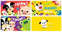 four square coasters with cartoon animals and words on them, all in different colors