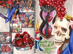 an art journal is filled with drawings and pictures, such as fruit in vases