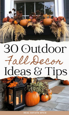 Says 30 outdoor fall decor ideas and tips with image of fall decorated window box and porch with fall decor Fall Covered Porch Decor, Fall Outdoor Window Box Ideas, Diy Fall Window Boxes, Fall Outdoor Deck Decor, Decorating Ideas For Fall, Autumn Porch Decorations, Fall Garden Decorations, Fall Planter Box Ideas, Fall Porch Decorations Diy