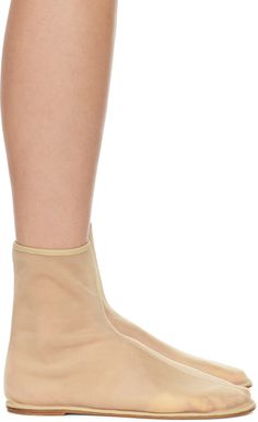 Ankle-high semi-sheer nylon mesh sock-style boots in beige. · Stacked leather heel with rubber injection · Leather sole Supplier color: Beige Beige Socks, Sock Ankle Boots, Sock Style, Mesh Socks, Mesh Heels, Sock Booties, Sock Boots, Nude Shoes, Socks And Heels