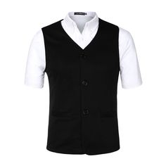 Unique Bargains Men's Button Down V Neck Sleeveless Two Pockets Vests - Walmart.com Casual Business Vest With Button Closure, Casual Business Vest With Pockets, Black V-neck Vest With Button Closure, Black V-neck Vest For Business, Business Vest With Pockets And V-neck, Cotton V-neck Vest With Button Closure, Black Cotton Vest With Buttons, Cotton V-neck Vest With Pockets, V-neck Cotton Vest With Pockets