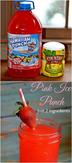 pink iced punch in a mason jar with strawberries on top and hawaiian punch in the back