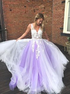 A Line V Neck Backless Purple Lace Prom Dressses, Open Back Purple Lace Formal Evening Dresses Long Party Gowns, Lavender Prom Dresses, Purple Tulle, Winter Formal Dresses, Prom Dresses Yellow, V Neck Prom Dresses, Floor Length Prom Dresses, Lace Formal Dress, Custom Size Dresses