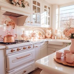 a kitchen with white cabinets and pink flowers on the counter top, along with two tea kettles