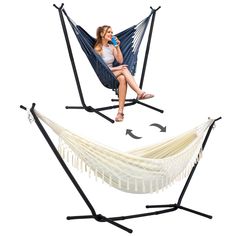 a woman is sitting in a hammock with two legs and one leg extended