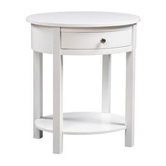 a white round table with two drawers on one side and an open drawer on the other