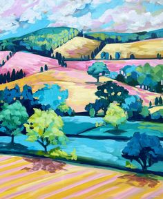 an oil painting of rolling hills and trees