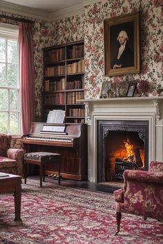 a living room filled with furniture and a piano in front of a fire place next to a window