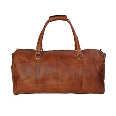 Trustpilot Add some vintage and traditional touch to your travel by carrying this handcrafted full-grain leather duffel bag. This bag is suitable for almost every occasion. You can carry it to the gym, travel trips, or weekend outings. The top-quality leather exterior and soft velvety interior with an excellent finish make this bag a must-have.The main compartment fastens with a 'YKK zip' and has two small but spacious pockets to store the essentials. Inside also has a key chain holder, and few Brown Leather Lined Duffle Bag For Trip, Brown Duffle Bag With Leather Lining For Trip, Classic Leather Weekender Bag For Trips, Brown Leather-lined Duffle Bag For Trip, Leather Weekender Bag In Cognac For Overnight Trips, Leather Cognac Weekender Bag For Overnight Trips, Classic Soft Leather Duffle Bag For Trips, Brown Waxed Finish Duffle Bag For Trips, Leather Vintage Weekender Bag For Overnight Trips