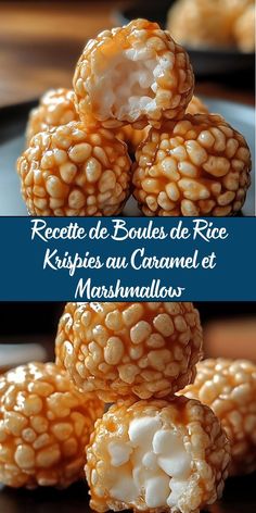 some kind of food that is stacked on top of each other with the words recette de boulees de rice krispies au caramel et marmallows