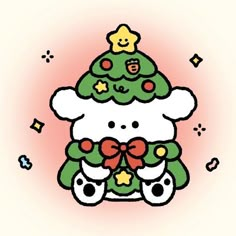 a hello kitty christmas tree with stars and bows on it's head, sitting in front of a pink background