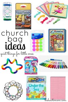 a bunch of different items that are on top of a white background with the words church bag ideas