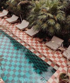 an outdoor swimming pool with lounge chairs and palm trees surrounding it, surrounded by greenery