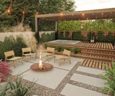 an outdoor fire pit surrounded by wooden benches and chairs with lights on the roof above it