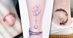 three different tattoos on the legs of people, one with balloons and an arrow tattoo