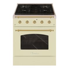 a white stove with gold trim and two burners on the front, against a white background