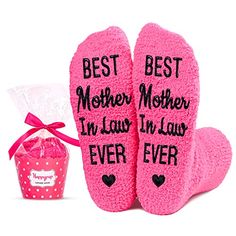 MOTHER-IN-LAW SOCKSFuzzy socks for women. The bottom of the socks is printed with an interesting secret message made of non-slip materials: “BEST MOTHER IN LAW EVER” and heart patterns.SIZE & PACKINGFluffy socks women, cosy socks women, non slip socks, one size fits all socks. Socks are suitable for women’s shoes in size 6-12.QUALITY MATERIALSlipper socks for women grippers, fuzzy socks with grips for women. We use 80% combed cotton, 17% polyamide and 3% spandex to ensure that our interestin Pink Fuzzy Socks, Wine Socks, Medical Gifts, Fluffy Socks, 18th Birthday Gifts, Tile Floors, Fuzzy Socks, Novelty Socks, Sock Gifts