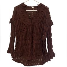 Free People Chocolate Brown Lace Long Sleeve Top Xs Conditions: New Without Tags Colors May Vary Slightly Based On Lighting Measurements Provided Are Taken Laying The Garment Flat Please Review The Pictures For Details And Measurements. If You Have Any Questions Let Me Know Brown Open Knit Tops For Layering, Brown Long Sleeve Pointelle Knit Top, Brown Pointelle Knit Long Sleeve Tops, Brown Long Sleeve Tops With Pointelle Knit, Bohemian Pointelle Knit V-neck Top, Bohemian V-neck Pointelle Knit Top, Brown Open Knit Beach Top, Brown Open Knit Top For The Beach, Fitted Brown Open Knit Tops