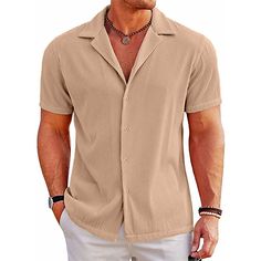 Save with code: “SAVEPIN50” - Dress to impress outfit ideas, from casual and business casual to trendy and occasion-specific styles, including spring, summer, concert, and graduation outfits, along with accessories like shoes and piercings Men's Shirt Button Up Shirt Casual Shirt Summer Shirt Beach Shirt Black White Khaki Gray Short Sleeve Plain Camp Collar Daily Vacation Clothing Apparel Fashion Casual Comfortable Sleeve Length: Short sleeves provide a lightweight and comfortable feel perfect for summer. Gender: Tailored specifically for men, ensuring a great fit and style. Tops Type: Crafted from high-quality materials such as linen for a breathable and luxurious experience. Occasion: Ideal for daily wear, vacations, beach outings, or any casual setting, offering versatility in styling. Casual Khaki Button-up Short Sleeve Shirt, Cheap Khaki Button-up Camp Shirt, Solid Color Button-up Short Sleeve Shirt For Beach, Relaxed Fit Collared T-shirt For Beach, Vacation Linen Button-up Camp Shirt, Summer Linen Shirt, Vacation Clothing, Camp Collar Shirt, Sun Pattern