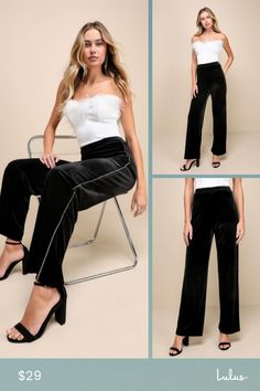 Add some razzle dazzle to your strut with the Lulus Fabulous Shine Black Velvet Rhinestone Straight Leg Pants! Soft and slightly stretchy velvet shapes these glamorous pants with a high-rise fit and a banded waist that sits atop straight pant legs that end at full-length hems. Sparkling rhinestone-adorned side seams complete the glitzy look! Hidden back zipper/clasp. Fit: This garment fits true to size. Length: Floor length. Size medium measures 42.5" from waist to hem. Inseam: 31.75 Front Rise: Chic Velvet Trousers, Full-length Velvet Bottoms For Night Out, Full Length Velvet Bottoms For Night Out, Velvet Wide Leg Bottoms For Night Out, Black Velvet Bottoms For Night Out, Stretch Velvet Pants For Night Out, Velvet Wide Leg Pants For Night Out, Stretch Velvet Party Pants, Black Stretch Velvet Pants