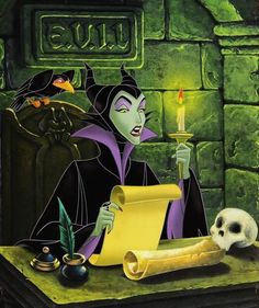 a painting of a maleficent holding a candle next to a skull on a table