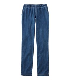 Pairing comfort and style, these women's elastic waist jeans are our most popular stretch pants in the ultrasoft knit denim fabric. Ultra High-Rise (Original Fit): Sits above waist. Inseams: Regular 29½", Petite 27½", Medium Tall 31½", Plus 29½". Relaxed through hip and thigh. Tapered-leg. Wrinkle-resistant 96% cotton, 4% spandex for shape retention. Machine wash and dry. Stretches and moves with you but always recovers its shape. Printed label. Comfortable gathered waistband. Front pockets. Imp Denim Blue Straight Leg Bottoms With Pull-on Style, Stretch Denim Pull-on Jeans, Denim Blue Straight Leg Pull-on Jeans, Dark Wash Stretch Straight Bottoms, Medium Wash Stretch Straight Pants, High Rise Pants With Elastic Waistband And Comfort Stretch, Dark Wash Comfort Stretch Straight Leg Bottoms, Medium Wash Relaxed Fit Bottoms With 5-inch Inseam, Spring Straight Leg Pull-on Jeggings