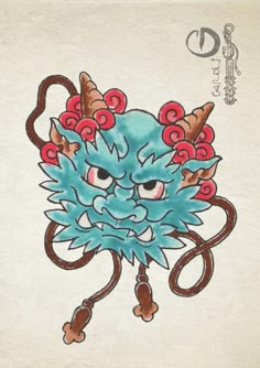 a drawing of a blue dragon with horns on it's head and two eyes