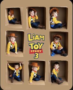 a little boy in toy story 3 poses for his photo shoot with woody the cowgirl