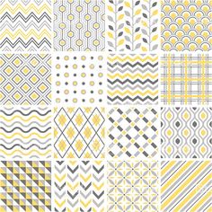 a collection of yellow and grey geometric seamlessly patterns, all in different sizes on white background