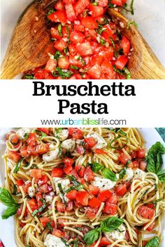 pasta with tomatoes, mozzarella and basil on top is shown in two different pictures