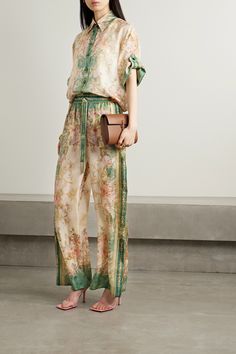 Zimmermann's 'August' shirt is part of the label's Resort '24 collection, which draws inspiration from the '50s. Made from certified organic silk, it's patterned with a beautiful floral print that captures the romance of the decade and has short rolled sleeves secured by buttoned tabs. Team yours with the matching pants.<br><br>This product was created using Considered Materials. Find out more about NET SUSTAIN <a href="https://www.net-a-porter.com/en-gb/campaigns/net-sustain">here.</a> Zimmerman Coord Set, Zimmermann Resort 2024, Zimmerman 2024, Silk Set Outfit, Zimmermann Resort, Anthropologie Inspired, Floral Print Shirt, Green Blouse, Printed Pants