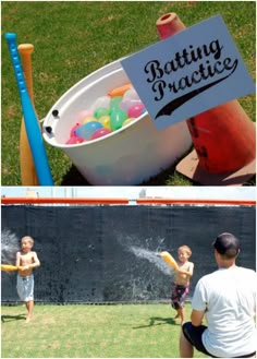 two pictures one with a baseball bat and the other with balls in a bucket, while another has a sign that says batting practice