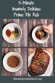 four pictures showing different types of steaks and seasonings in white bowls on a wooden table