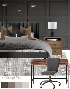 a bedroom with gray walls and furniture