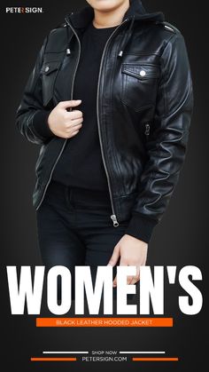 Stay cozy and stylish in this black leather bomber with a twist! The detachable hood adds versatility, while the sleek silhouette keeps you on-trend. 🌟 #LeatherFashion #OuterwearGoals #BlackIsBeautiful Leather Biker Jacket With Double-lined Hood, Winter Biker Jacket With Double-lined Hood, Spring Biker Leather Jacket With Hood, Hooded Leather Jacket For Spring, Trendy Fitted Hooded Leather Jacket, Spring Hooded Leather Jacket, Black Biker Hooded Jacket For Fall, Fitted Black Biker Hooded Jacket, Edgy Hooded Leather Jacket For Fall