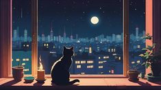 a cat sitting on a window sill looking out at the night cityscape