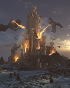 an image of a castle that is on fire with many dragon flying around in the sky