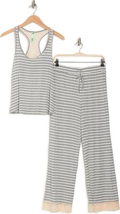 Honeydew Intimates Lace Trim Racerback Tank & Pants 2-Piece Pajama Set | Nordstromrack Casual Sleeveless Sleepwear, Casual Sleeveless Sleepwear For Loungewear, Casual Stretch Sleepwear For Pajama Party, Casual Sleeveless Sleepwear For Lounging, Comfortable Relaxed Fit Tank Top For Loungewear, Casual Relaxed Fit Tank Top For Loungewear, Pajama Bottoms, Grey Stripes, Stripe Print